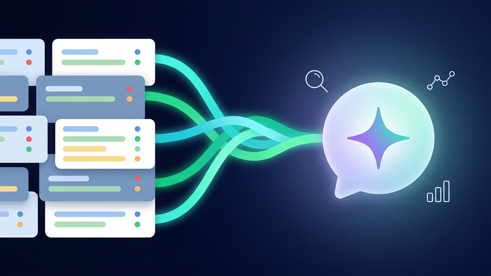Abstract illustration of Dynamics 365 business data records flowing as glowing green ribbons into a Copilot chat bubble marked with an AI sparkle, with search, graph and chart icons alongside.