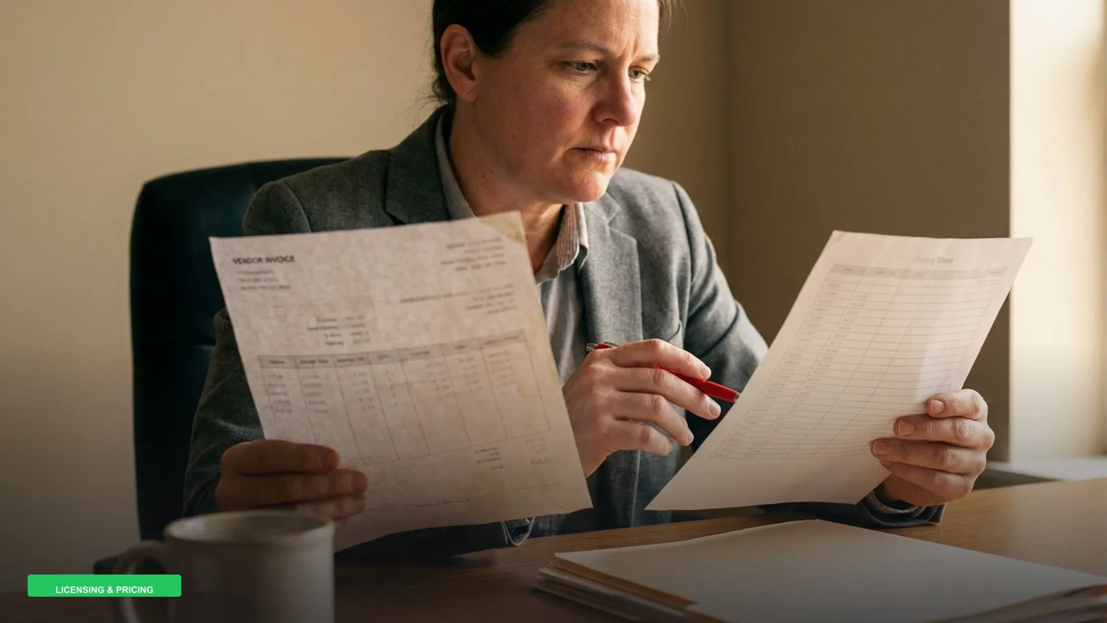 A financial controller comparing a printed vendor invoice against a pricing sheet at her desk.