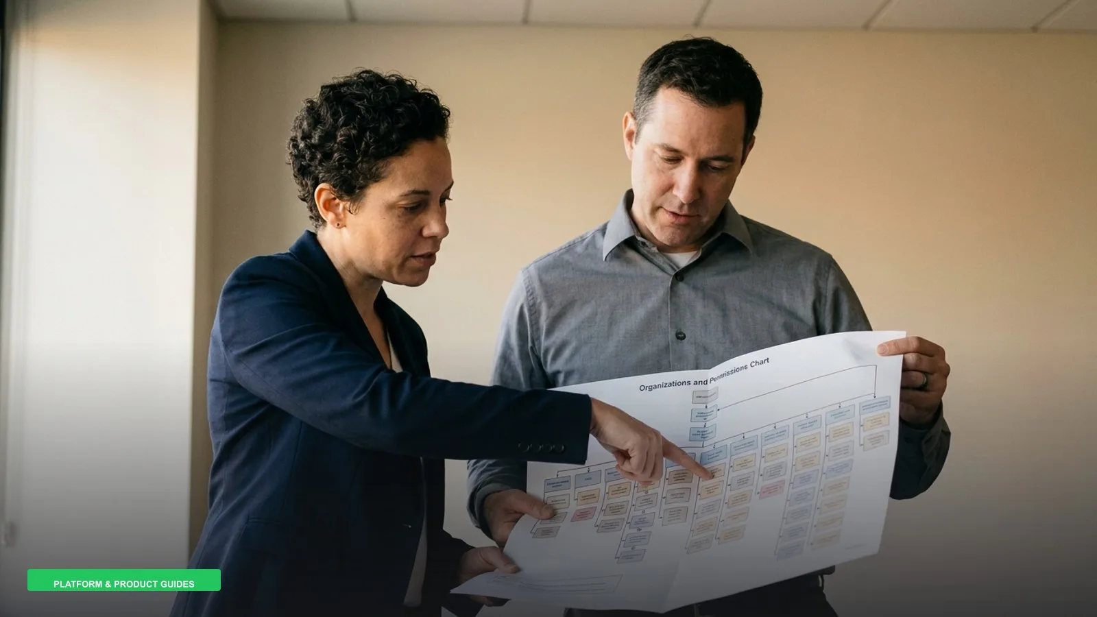 An IT director and a solutions architect reviewing a printed organizations-and-permissions chart together in an office.
