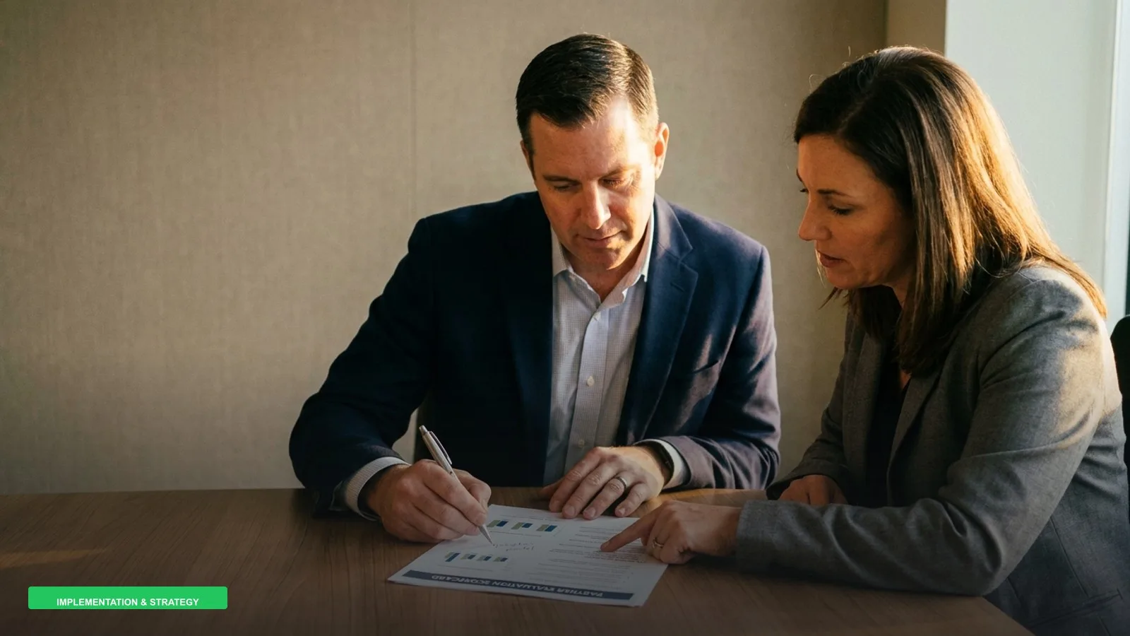 Two colleagues reviewing a printed partner evaluation scorecard together at a conference table.