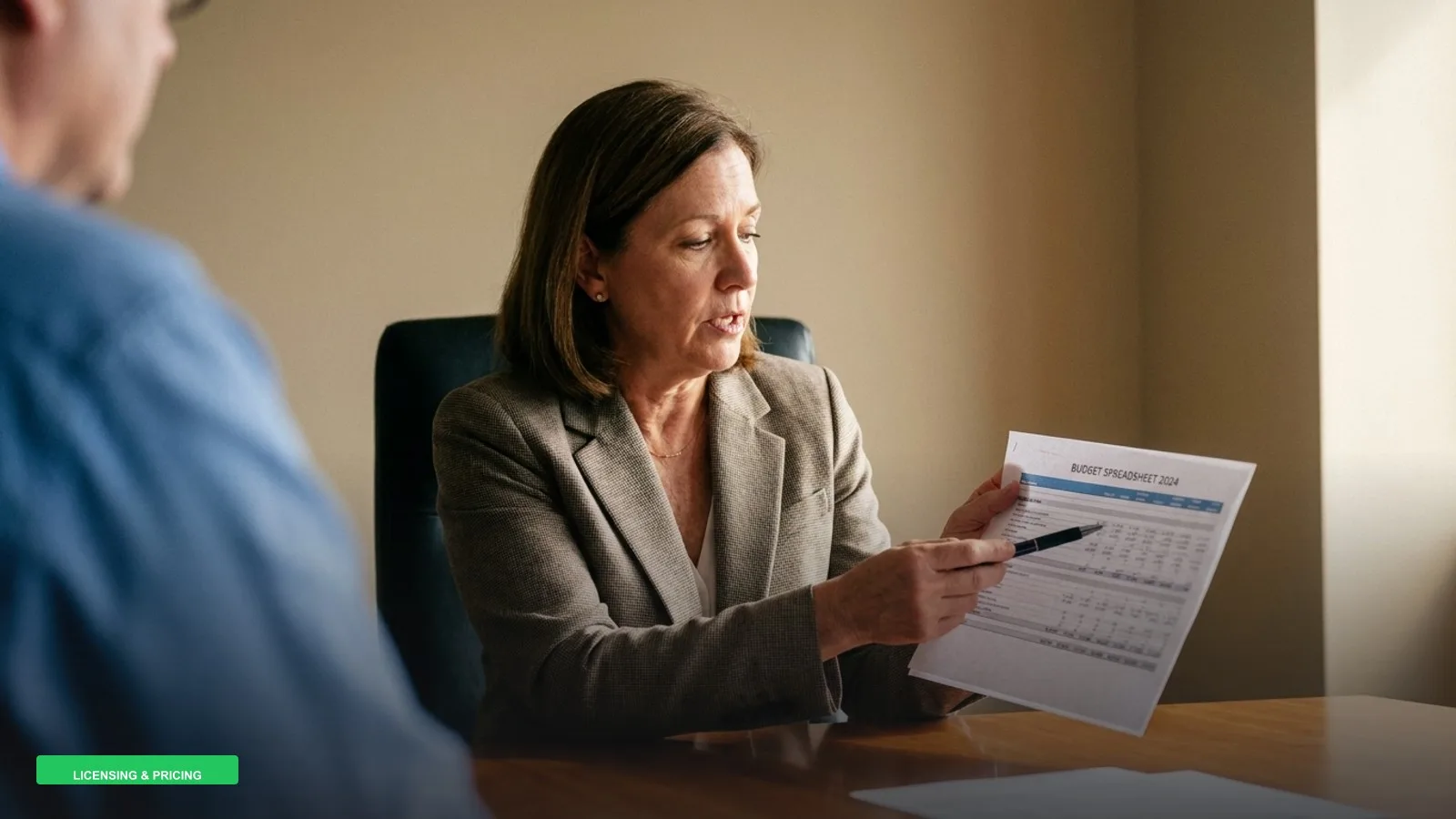 A CFO reviewing a printed budget spreadsheet with a colleague, pointing to a line item with a pen.