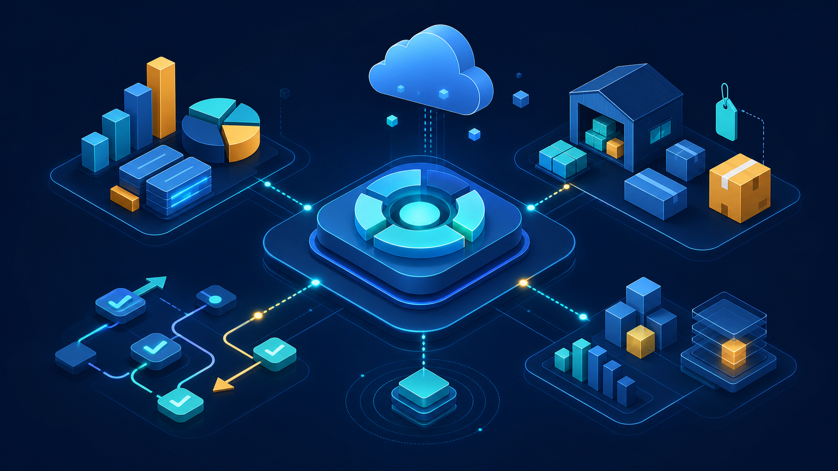 A Business Central operating model diagram connecting finance, sales, purchasing, inventory, and project work