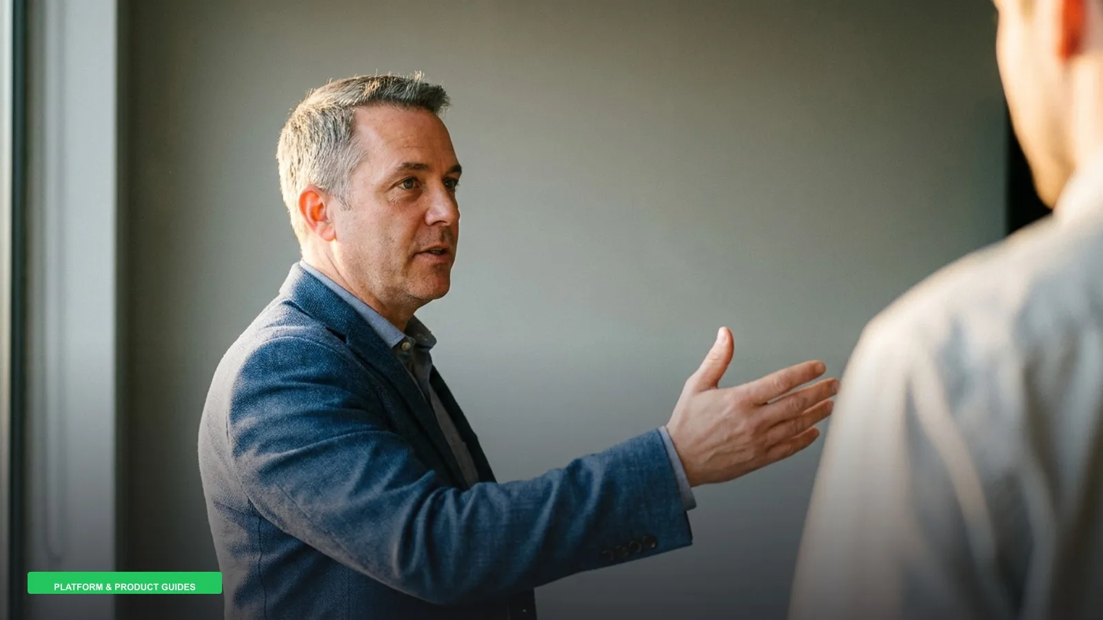 An operations manager gestures with an open hand while explaining a process to a colleague in a modern office.
