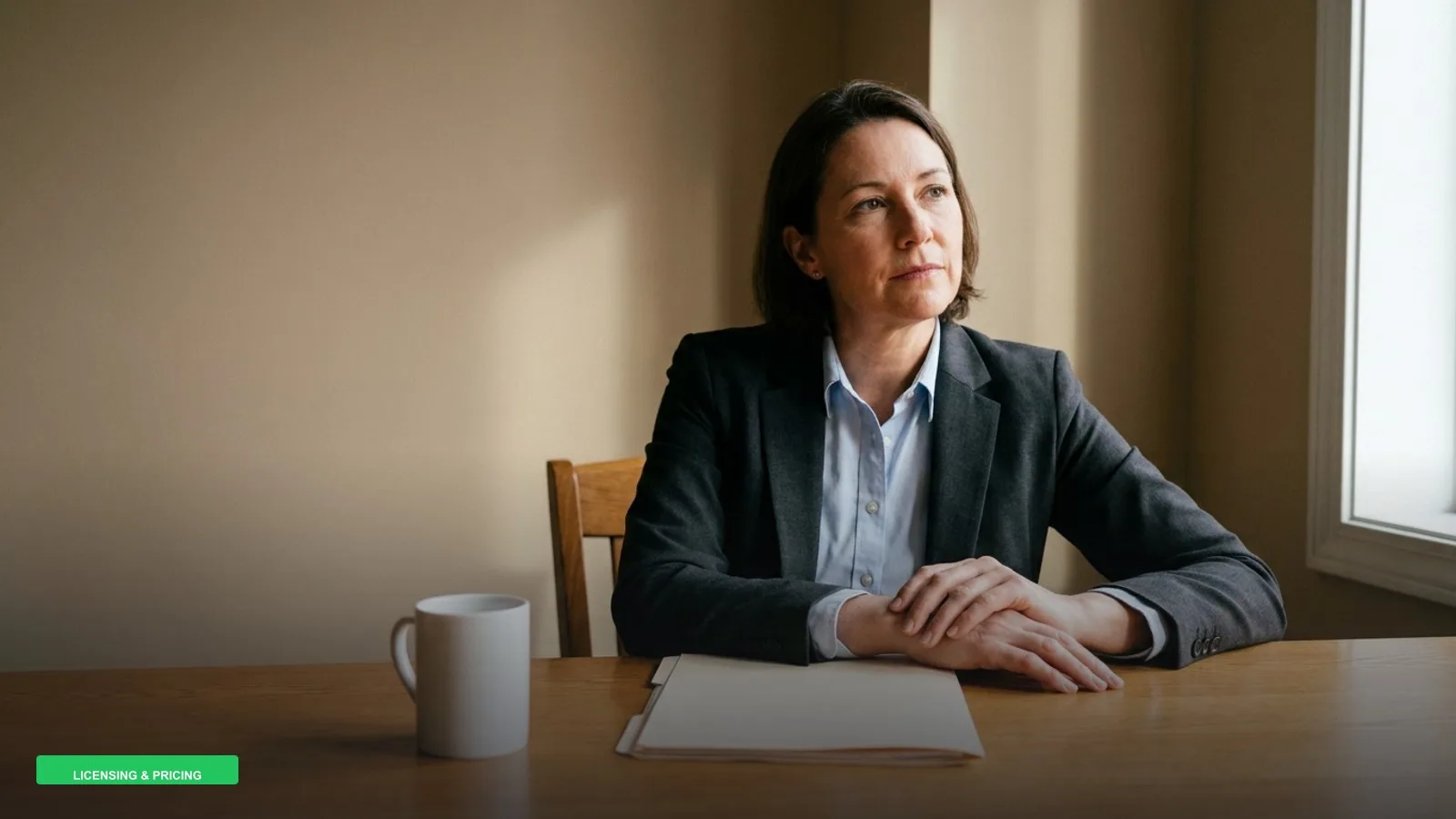 A financial controller seated at her desk, hands resting on a closed folder, weighing a budget decision.